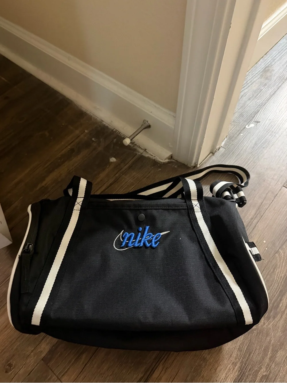 Nike Small Black Duffel with Blue Logo and White Trim